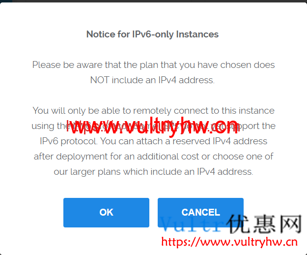 Vultr IPv6 ONLY提示框