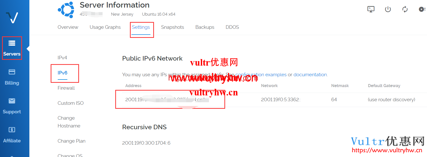 Vultr查看IPv6地址